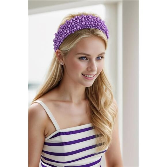 Padded Pearl Headband Thick Beaded Headbands for Women B-Purple - Picture 2 of 6